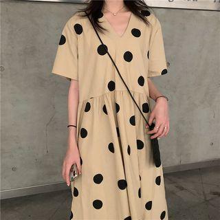 Short-sleeve Polka Dot Dress Almond - One Size