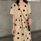 Short-sleeve Polka Dot Dress Almond - One Size