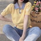 Short-sleeve Knit Top Gray & Yellow - One Size