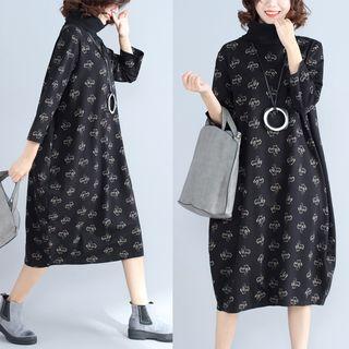 Long-sleeve Print Shift Dress Black - One Size
