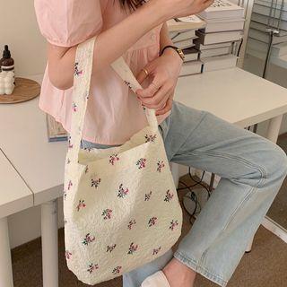 Floral Print Canvas Shoulder Bag Beige - One Size