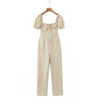 Short-sleeve Gingham Check Jumpsuit