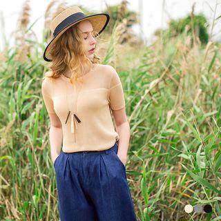 Short-sleeve Sheer Mesh Basic Knit Tee