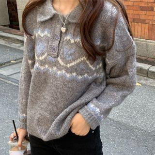 Bird Print Collared Sweater