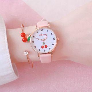 Set: Cherry Print Strap Watch + Bangle