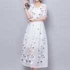 Embroidered Elbow-sleeve Midi A-line Dress