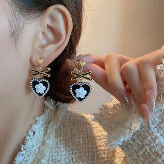 Heart Flower Faux Pearl Alloy Dangle Earring 1 Pair - Silver Needle - Black & White - One Size