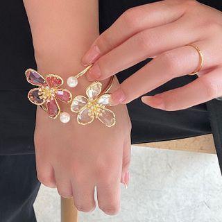 Flower Faux Crystal Faux Pearl Open Bangle