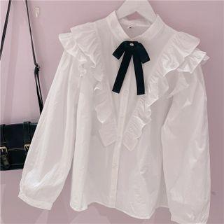 Ruffled Bow Blouse White - One Size