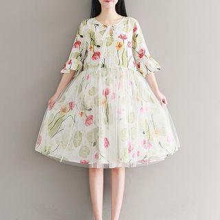 Elbow-sleeve Floral Tulle-overlay Midi Dress