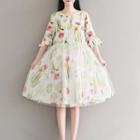 Elbow-sleeve Floral Tulle-overlay Midi Dress