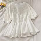 Flower-embroidered Peplum Top White - One Size