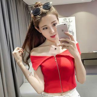 Off-shoulder Zip-up Cropped Knit Top