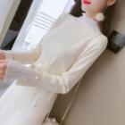 Tie-waist Mock Neck Frilled Trim Knit Dress