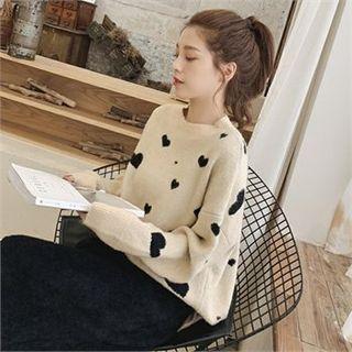 Drop-shoulder Heart-patterned Sweater