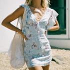 Floral Print Open-back Short-sleeve Mini Bodycon Dress