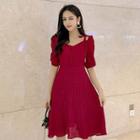 3/4-sleeve Cold Shoulder Crinkled Chiffon A-line Dress