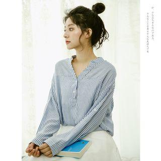 Striped Half Placket Blouse Blue - One Size
