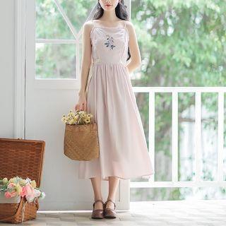 Spaghetti Strap Frill Trim Embroidered A-line Midi Dress