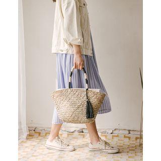 Tasseled Woven Rattan Basket Tote Bag Beige - One Size