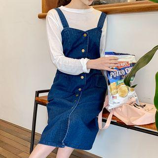 Button-front Denim Midi Pinafore Dress Dark Blue - One Size