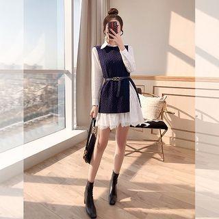 Set: Lace Panel Shirt Dress + Knit Vest