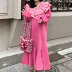Ruffle Collar Flared Hem Midi Pullover Dress Pink - One Size