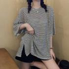 Slit-side Short Sleeve Oversized Striped T-shirt