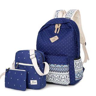 Set Of 3: Printed Canvas Backpack + Shoulder Bag + Pouch