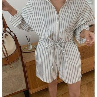 Long-sleeve Striped  Tie-waist Jumpsuit As Shown In Figure - One Size