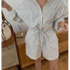 Long-sleeve Striped  Tie-waist Jumpsuit As Shown In Figure - One Size