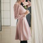 Puff-shoulder Belted Flare Dress
