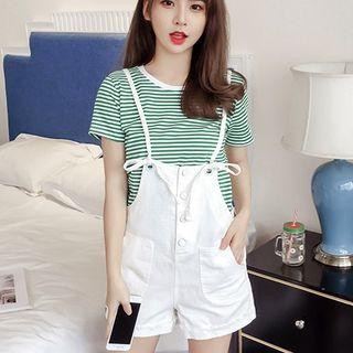 Set: Short-sleeve Striped T-shirt + Spaghetti Strap Denim Jumper Shorts