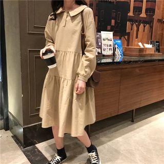 Collared Long-sleeve Midi Shift Dress