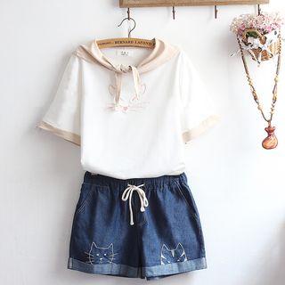 Set: Short-sleeve Cat Embroidery Top + Denim Shorts
