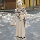 Bell-sleeve Striped Ruffle Hem Knit Midi Dress