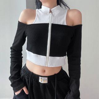 Long-sleeve Mock Two-piece Cold-shoulder Zip-up Crop Top