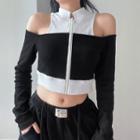 Long-sleeve Mock Two-piece Cold-shoulder Zip-up Crop Top