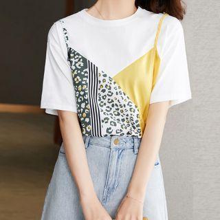 Mock Two-piece Short-sleeve Leopard Print T-shirt