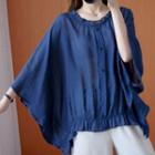 3/4-sleeve Buttoned Frill Trim Blouse Navy Blue - One Size
