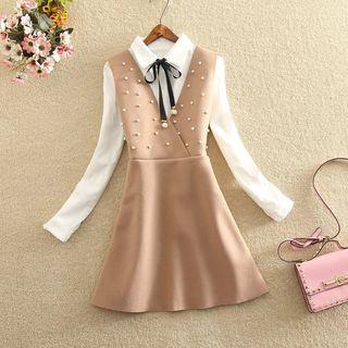 Set: Long-sleeve Shirt + Embellished A-line Pinafore Dress