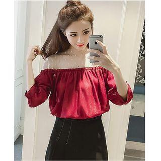 Mesh Panel Puff 3/4 Sleeve Chiffon Top