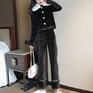 Furry Collar Single-breasted Jacket / Straight Cut Pants