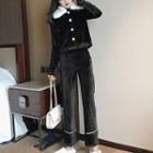 Furry Collar Single-breasted Jacket / Straight Cut Pants