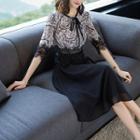 Lace Trim Elbow-sleeve Midi A-line Dress
