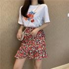 Tomato Print Short-sleeve T-shirt / Floral Ruffle Hem A-line Skirt