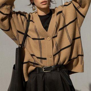 Long Sleeve V-neck Plaid Loose-fit Cardigan
