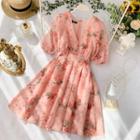 Balloon-sleeve Floral Print Chiffon Dress Red Floral - Pink - One Size