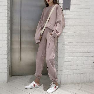 Set: Plain Distressed Loose-fit Pullover + Pants
