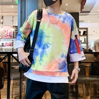 Mock Two-piece 3/4-sleeve Tie Dye T-shirt
